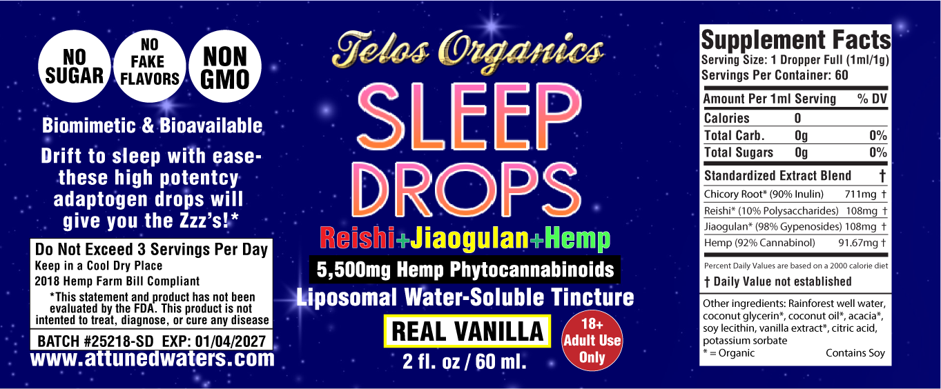 TELOS ORGANICS | Sleep Drops | Liposomal Adaptogen Tincture | Reishi Mushroom + 5,500mg Hemp | Real Vanilla | 0g Sugar | No Fake Flavors! | 60ml - 60 Servings